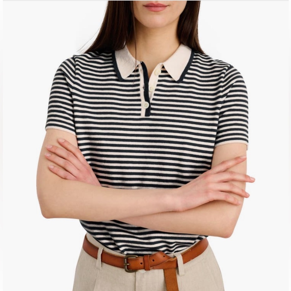 Alex Mill Navy and Cream Striped Polo Top